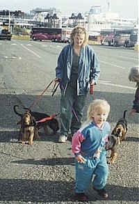 Four Bloodhound puppies being walked by a lady and a little girl is running in front of them