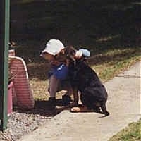  Bloodhound Puppy sitting on a sidewalk with a little girl in front of it