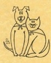 A drawn picture of a dog and cat sitting next to each other and wearing scarves.