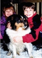 A boy and a girl are hugging the back of a black with tan and white Shetland Sheepdog that is sitting on a carpet and it is looking to the right.