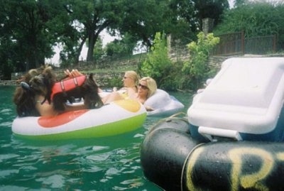 Isabelle the Silky Terrier is standing on a tube floating down a river with other people who are laying i tube