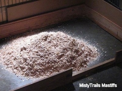 New wood chips placed in a puppy pen