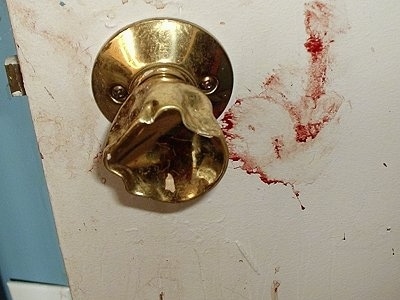 Close up - Blood near chewed up door knob