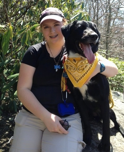 A girl wearing a gray baseball cap and a large-breed, black with white dog wearing a yellow bandana are sitting on a large bolder-sized rock in front of a green bush.