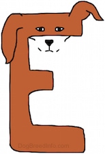A brown drawn letter E that also looks like a dog