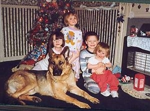 Four children are sitting together in pajamas in front of a Christmas tree with a black and tan German Shepherd dog that is laying down looking forward.