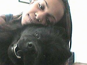 Close Up - A Chow Chows head is being hugged by its owner. There heads are tilted to the right