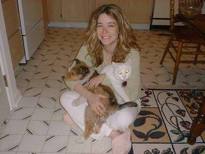 Maximus the Rough Collie puppy and a white cat are being hugged by smiling lady who is sitting on a kitchen floor