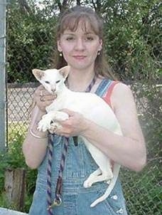 Sushi the Oriental Shorthair Cat being held in the air by its owner. There is a chain link fence behind them