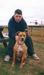 Cyrus the Pit Bull is sitting in front of his owner who is sitting on a wooden bench. There is a helicopter in a background