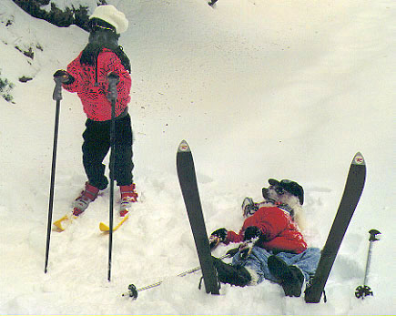 A Black Poodle is standing on its hind legs wearing a ski suit. It is also in skis. It is wearing sunglasses and a hat as well. And next to it is a White Poodle laying in snow, dressed like a human, with skis stick in the snow