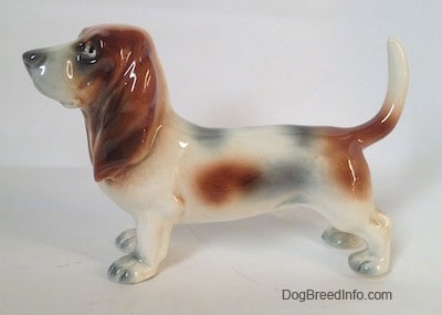 The left side of a white with black and red Basset Hound figurine. The figurine is glossy, the dog has a long body, short legs and a tail that goes up in the air with long drop ears and painted eyes.