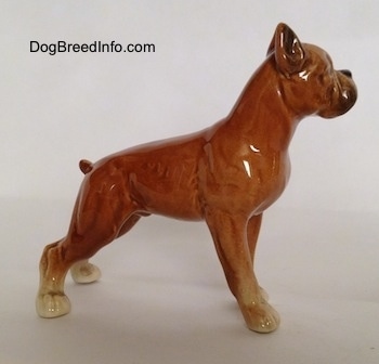 The right side of a porcelain brown Boxer dog figurine in a show stance. The figurine is very glossy.