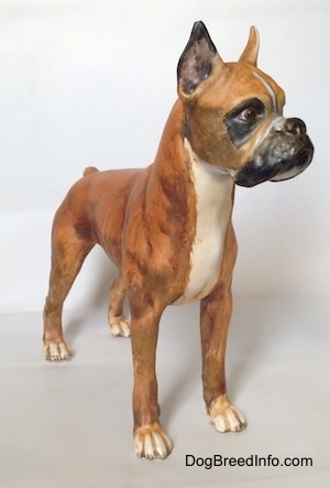 The front right side of a brown with black and white Boxer figurine with a matte finish. The figurine has very detailed paws.