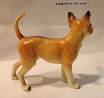 The right side of a porcelain tan with white Chihuahua figurine. The figurine has black tips for ears.