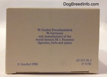 The underside of a rectangular box that reads - W. Goebel Porzellanfabrik W.-Germany solo manufacturer of world-famous M.I. Hummel Figurines, bells and plates. On the bottom right it reads - © Goebel 1988 - and on the bottom left it reads - 62-155-01-5 # 51781.