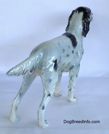 The back right side of a black and white English Setter figurine that is in a standing pose.