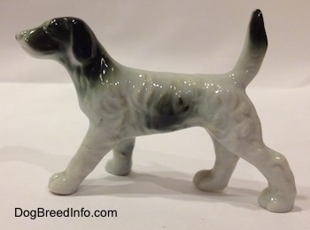The left side of a black and white English Setter bone china figurine. The body of the figurine has hair details all on its side.