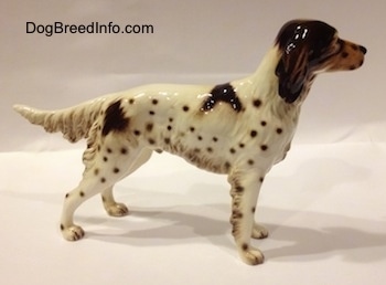 The right side of a figurine of a porcelain brown and white English Setter. The figurine has a medium length tail.