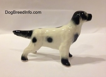 The right side of a ceramic white and black English Setter figurine in a standing pose. The ears of the figurine and its tail are black.