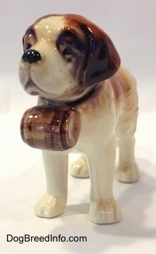 The front left side of a porcelain figurine of a white with brown Saint Bernard. The figurine has brown ears.