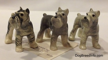 Three color variations of a Miniature Schnauzer figurine. They all have black circles for eyes.