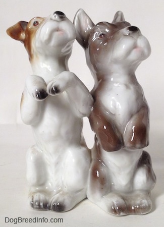 Two Jack Russell Terrier figurines are sitting in a begging pose and there paws are in the air.
