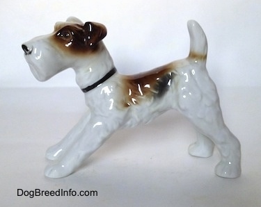 The left side of a white with black and brown Wire Fox Terrier figurine. The figurine has a black collar around its neck.