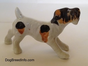 The right side of a bone china figurine of a white with black and brown Wire Fox Terrier in a play bow pose. The figurine has short legs.