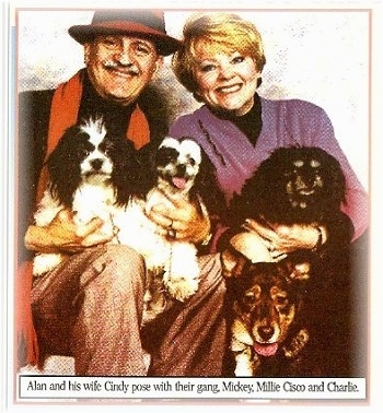 A man and wife are posing with four dogs, three toy-sized Mi-Ki dogs on the laps of the humans and one brown and tan large breed dog sitting on the floor in front of them. Two black and white Mi-kis are on the man in the black and read hat, a black with white Mi-Ki on the smiling lady in the purple shirt. The words - Alan and his wife Cindy pose with their gang, Mickey, Millie, Cisco and Charlie - are overlayed.