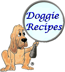 A drawn brown dog with long drop ears is sitting down holding a magnifying glass. The words - Doggie Recipes - are in the magnifying glass.