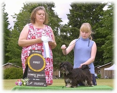 A blonde haired girl is posing a black with white dog on a table and to the left of them is a lady holding a ribbon.