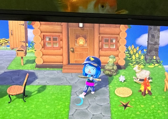 Sharon the game player in front of her log cabin next to an aries ram and shooting star fragment