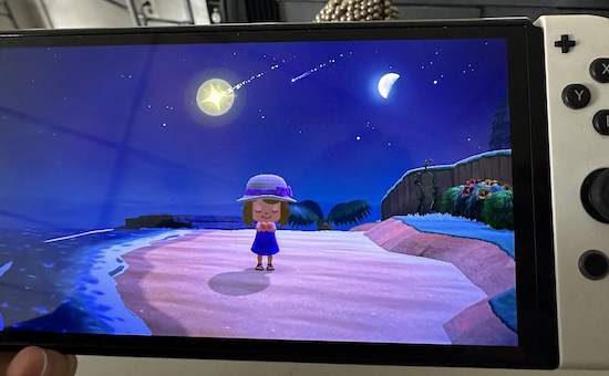 The game character Sharon wishing on a shooting star while standing ona beach