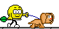 An animated Gif of a yellow ball guy with a pooper scooper taking his dog for a walk. Then the dog does his business and The yellow ball guy picks it up with his pooper scooper