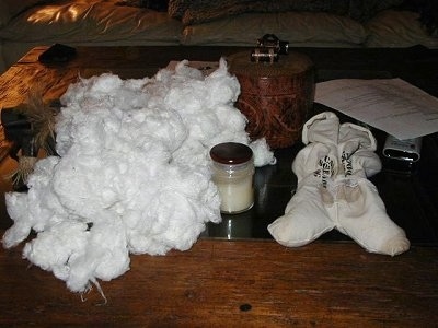 All of the Cotton from the Stuffed Animal, next to the outside of a stuffed animal on a coffee table