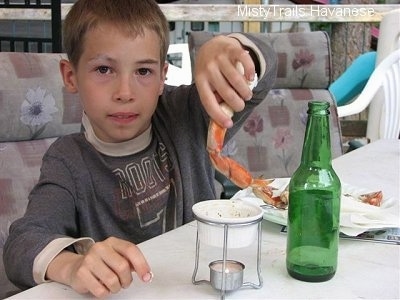 A boy is sitting at a porch table and it is looking forward. He is lifting up a Dungeness Crab claw.