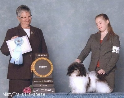 A blonde haired girl is posing a white with little fluffy black dog on a table. The dog is looking forward and across from them is a lady holding a certificate and a ribbon.