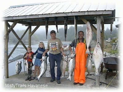 Two men, a girl and a boy are standing on a stone dock near a body of water. Each person on the dock is holding two fish each and handing above them are four fish and to the right of them are two fish hanging down the edge.