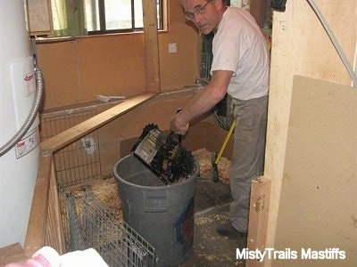 Soiled wood chips are placed in the trashcan