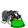 A drawn image of a dog eating out of a large green bowl.