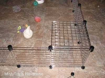 A wire rack enclosure with a partial top rack to keep the puppies from jumping out at the corner.