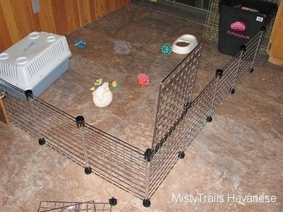 A wire rack enclosure that is setup to keep the puppies in and let the dam out.