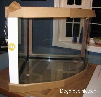 An empty aquarium on a wooden table