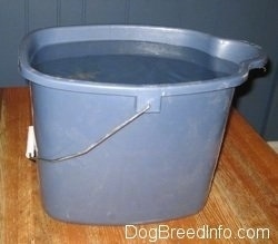 An Uncovered bucket water on a wooden table