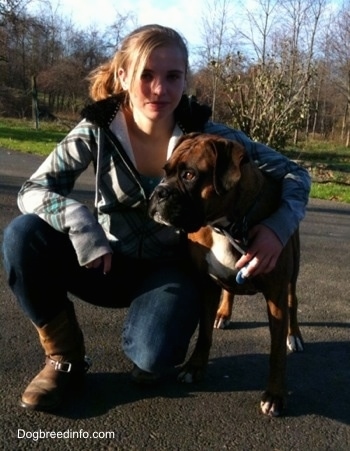 Bruno the Boxer standing on a blacktop getting a hug from a lady in cow girl boots and blue jeans who is kneeling next to him