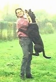 Action shot of a dog in mid air with its front paws wrapped around the waste of a man in a pink shirt and blue jeans and its back legs touching the person's knees. The dog is biting something in the person's hand