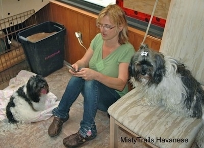 Lady sitting against a wood panel wall. With One Dog sitting in a chair and another sitting on a blanket on the floor