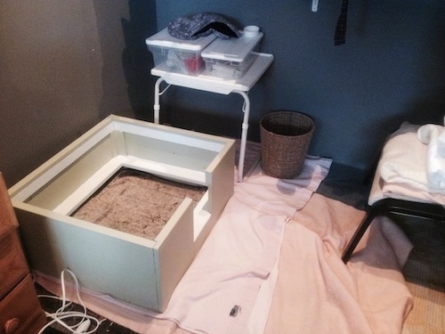 An empty whelping box in the back of a room. It is placed on top of a pink sheet and there is a table, a stool and a trash can.