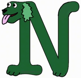 A drawn picture of a dog that is also the letter N
